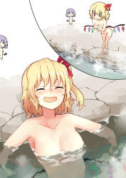 Rule 34 | 2girls, :d, ^ ^, blonde hair, blush, breasts, chibi, closed eyes, collarbone, completely nude, covering privates, covering breasts, deetamu, closed eyes, flandre scarlet, hair ribbon, highres, inset, medium breasts, multiple girls, nude, onsen, open mouth, partially submerged, red eyes, red ribbon, remilia scarlet, ribbon, short hair, short sidetail, smile, solo focus, steam, touhou, water, wings