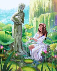 Rule 34 | 1girl, blush, brown hair, bug, butterfly, closed eyes, dress, flower, fountain, highres, insect, long hair, luztapiaart, original, outdoors, pink flower, plant, sky, water, watermark, white dress, willow
