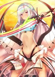 Rule 34 | 1girl, altera (fate), blush, closed mouth, dark-skinned female, dark skin, fate/grand order, fate (series), highres, holding, holding sword, holding weapon, long hair, looking at viewer, navel, photon ray (fate), red eyes, silver hair, solo, sword, tobi-mura, weapon