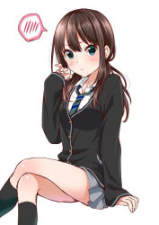 Rule 34 | 1girl, black socks, blue necktie, blush, brown hair, cardigan, closed mouth, collared shirt, crossed legs, earrings, green eyes, grey skirt, hand up, idolmaster, idolmaster cinderella girls, invisible chair, jewelry, kneehighs, long hair, long sleeves, looking at viewer, miniskirt, necktie, shibuya rin, shirt, simple background, sitting, skirt, sleeves past wrists, socks, solo, speech bubble, spoken blush, striped necktie, striped neckwear, stud earrings, tareme, tottoto tomekichi, white background, wing collar