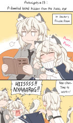 Rule 34 | :d, animal ear fluff, animal ears, arknights, armband, bare shoulders, black neckwear, blush, book, braid, brother and sister, cliffheart (arknights), closed eyes, closed mouth, collared shirt, comic, commentary, english commentary, english text, fang, fang out, grey hair, grey shirt, guin guin, hair between eyes, highres, hissing, holding, holding book, leopard ears, leopard girl, leopard tail, long hair, long sleeves, multicolored hair, necktie, open book, open mouth, pramanix (arknights), reading, shirt, siblings, sidelocks, silverash (arknights), sisters, sleeveless, sleeveless shirt, smile, sweater, tail, turtleneck, turtleneck sweater, twin braids, two-tone hair, v-shaped eyebrows, very long hair, white shirt, white sweater