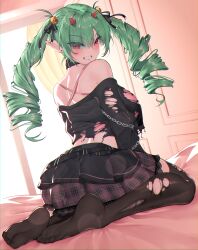 Rule 34 | 1girl, absurdres, ass, bare shoulders, black choker, black shirt, black skirt, black thighhighs, breasts, chain, character request, choker, commentary, commission, criss-cross halter, drill hair, green hair, grin, halterneck, highres, himeliofon, horns, large breasts, layered skirt, long hair, long sleeves, looking at viewer, midriff, no shoes, off-shoulder shirt, off shoulder, plaid, plaid skirt, pointy ears, red eyes, shirt, sitting, skirt, smile, solo, thighhighs, thighs, torn clothes, torn shirt, twin drills, twintails