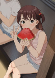 Rule 34 | 1girl, brown eyes, brown hair, eating, food, food-themed hair ornament, fruit, hair ornament, holding, holding food, mattaku mousuke, original, shirt, short shorts, shorts, sitting, striped clothes, striped shirt, tank top, tongue, tongue out, two side up, v, watermark, watermelon, watermelon hair ornament, watermelon slice