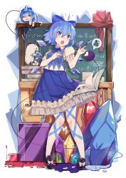 Rule 34 | &gt;:o, 1girl, :o, ahoge, black footwear, blue bow, blue bowtie, blue eyes, blue hair, blue skirt, book, book stack, bow, bowtie, chalkboard, character doll, check commentary, cirno, commentary request, ex-keine, expressive hair, eyeball, fang, footwear bow, frog, frozen, hair between eyes, hair bow, highres, horn ornament, horn ribbon, horns, ice, ice wings, kamishirasawa keine, komeiji koishi, matching hair/eyes, open mouth, puffy short sleeves, puffy sleeves, red ribbon, ribbon, ryuuno6, shoes, short hair, short sleeves, skirt, solo, standing, sweater vest, teacher, tears, touhou, v-shaped eyebrows, wings, x x