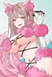 Rule 34 | 1girl, alternate color, animal ear fluff, animal ears, bikini, blush, breasts, claw pose, commentary request, cosplay, fur bikini, fur collar, fur trim, gloves, goddess of victory: nikke, hair ornament, hand up, highres, horns, i (kotombre 0370), large breasts, looking at viewer, mash kyrielight, mash kyrielight (dangerous beast), mash kyrielight (dangerous beast) (cosplay), mole, mole under eye, navel, o-ring, o-ring top, open mouth, pink bikini, pink eyes, pink horns, pink wrist cuffs, polka dot, polka dot background, revealing clothes, smile, solo, stomach, swimsuit, teeth, upper body, upper teeth only, viper (nikke), white gloves, wolf ears, wrist cuffs