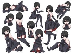 Rule 34 | 1girl, :o, backless dress, backless outfit, bare shoulders, black dress, black eyes, black hair, black ribbon, black thighhighs, closed mouth, crossed arms, dress, from behind, from side, hammer (sunset beach), legs up, looking at viewer, lying, monogatari (series), multiple views, neck ribbon, no shoes, on side, on stomach, oshino ougi, parted lips, ribbon, short hair, simple background, sitting, smile, smug, standing, thighhighs, two-sided fabric, two-sided skirt, white background