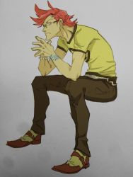 Rule 34 | 10s, 1boy, arai hiroki, bad id, bad twitter id, bracelet, fingers together, glasses, glowing, green-framed eyewear, grey background, hunched over, jewelry, kiznaiver, leaning forward, looking at viewer, male focus, pink hair, profile, scar, simple background, sitting, solo, spiked hair, tenga hajime