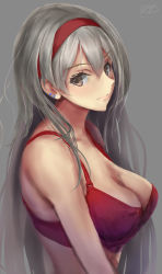 Rule 34 | 1girl, bra, breasts, brown eyes, cleavage, ear piercing, grey background, hair between eyes, hairband, haruto (harut n), highres, jewelry, kantai collection, large breasts, lips, long hair, piercing, red bra, red hairband, shoukaku (kancolle), signature, silver hair, simple background, solo, twitter username, underwear