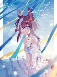Rule 34 | 1girl, alternate costume, animal ears, bare shoulders, blue eyes, breasts, bridal veil, bride, bright pupils, brown hair, character name, cheval grand (umamusume), cloud, confetti, dated, dress, gloves, highres, horse ears, horse girl, horse tail, lace, lace gloves, layered dress, looking to the side, medium hair, multicolored hair, necktie, open mouth, outdoors, renma (renma 0503), shirt, sleeveless, sleeveless shirt, small breasts, solo, streaked hair, streamers, tail, twitter username, umamusume, veil, wedding dress, white dress, white gloves, white pupils