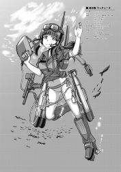 Rule 34 | 10s, 1girl, bikini, bikini bottom only, blunt bangs, boots, breasts, colonel aki, erica (naze1940), fish, full body, goggles, goggles on head, greyscale, gun, hand up, highres, htms matchanu, kantai collection, long hair, looking at viewer, medium breasts, monochrome, navel, original, ponytail, shirt, short sleeves, sidelocks, smile, snorkel, solo, stats, swimsuit, thigh strap, tied shirt, torpedo, translation request, underwater, weapon