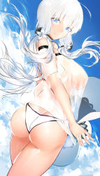 Rule 34 | 1girl, :d, ahoge, arm at side, arm strap, ass, azur lane, back, bare shoulders, bikini, bikini bottom only, black bow, blue eyes, blue sky, bow, breasts, butt crack, choker, cloud, cloudy sky, cowboy shot, day, flower, from behind, hair between eyes, hair bow, hair flower, hair ornament, hat, highres, holding, holding clothes, holding hat, horz, illustrious (azur lane), jewelry, lace-trim, lace-trimmed bow, lace-trimmed choker, lace trim, large breasts, legs together, long hair, looking at viewer, looking back, low twintails, o-ring, o-ring bikini, o-ring bottom, off-shoulder shirt, off shoulder, open mouth, outdoors, ring, see-through, shirt, short sleeves, sideboob, sky, smile, solo, swimsuit, teeth, twintails, twisted torso, unworn hat, unworn headwear, wedding band, white bikini, white choker, white flower, white hair, white shirt, wind