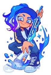 Rule 34 | 1girl, blue eyes, blue hair, cardigan, commentary, commission, gradient hair, gun, holding, holding gun, holding weapon, medium hair, multicolored hair, nintendo, octoling, octoling girl, octoling player character, open cardigan, open clothes, paint, purple hair, shirt, simple background, smile, solo, splatoon (series), splatoon 3, squatting, squiffer (splatoon), tentacle hair, tokkibada, two-tone hair, visor cap, watermark, weapon, white background, white shirt