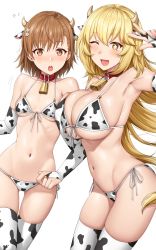 Rule 34 | + +, 2girls, :o, ;d, absurdres, alternate breast size, animal ears, animal print, armpits, bell, belly, bikini, blonde hair, blush, breasts, bridal gauntlets, brown eyes, brown hair, cleavage, collar, collarbone, cow ears, cow horns, cow print, cow print gloves, cow print bikini, cow print bra, cow print gloves, cowbell, feet out of frame, female focus, front-tie bikini top, front-tie top, gluteal fold, hair between eyes, highres, horns, huge breasts, large breasts, light blush, long hair, looking at viewer, matching hair/eyes, medium hair, misaka mikoto, multiple girls, navel, neck bell, one eye closed, open mouth, print bikini, print gloves, ribs, shokuhou misaki, short hair, side-tie bikini bottom, sideboob, simple background, skindentation, small breasts, smile, sparkle, sparkling eyes, standing, stomach, swimsuit, symbol-shaped pupils, teeth, thighhighs, thighs, toaru kagaku no railgun, toaru majutsu no index, toaru majutsu no index gaiden: toaru kagaku no mental out, tongue, upper teeth only, very long hair, w, white background, wink, yakimi 27, yellow eyes