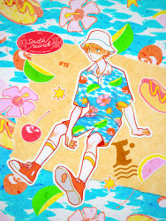 Rule 34 | 1boy, :&lt;, blonde hair, blue shirt, blue shorts, cherry, closed mouth, collared shirt, colorful, commentary, english commentary, expressionless, flower, flower (symbol), food, freckles, fruit, full body, green eyes, hat, highres, hot dog, inuha dog wave, kneehighs, looking ahead, male focus, original, outline, pink flower, print shirt, print shorts, red footwear, shirt, shoe soles, shoes, short hair, short sleeves, shorts, sitting, sneakers, socks, solo, white hat, white outline, white socks