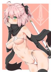 Rule 34 | &gt;:), 1girl, ahoge, areola slip, arm warmers, bare shoulders, bikini, black scarf, black thighhighs, blush, body blush, border, bow, breasts, clearite, closed mouth, cowboy shot, fate (series), green eyes, hair bow, half updo, holding, holding sword, holding weapon, koha-ace, leaning forward, looking at viewer, medium breasts, micro bikini, navel, okita souji (fate), okita souji (koha-ace), outside border, pink background, ponytail, ribbon, scarf, sheath, sheathed, short hair, side-tie bikini bottom, simple background, smile, solo, standing, stomach, sweat, swimsuit, sword, thighhighs, underboob, v-shaped eyebrows, weapon, white bikini, white border, white ribbon