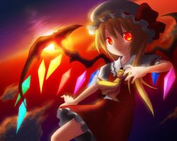 Rule 34 | 1girl, bad id, bad pixiv id, blonde hair, blouse, cloud, collared shirt, female focus, flandre scarlet, hat, kuromaru9, mob cap, outdoors, red eyes, shirt, sky, solo, touhou, white hat, white shirt, wings
