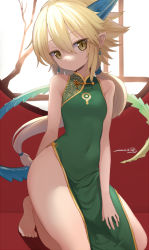 Rule 34 | 1girl, armpit crease, bare legs, barefoot, blonde hair, china dress, chinese clothes, covered navel, dragon horns, dragon tail, dress, earrings, expressionless, female focus, flat chest, green dress, hair between eyes, highres, horns, indoors, jewelry, looking at viewer, no panties, original, pelvic curtain, pointy ears, ponytail, skin tight, sleeveless, sleeveless dress, solo, squatting, sunlight, tail, toes, umino hotate