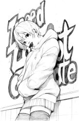 Rule 34 | 1girl, against wall, candy, chocolate, chocolate heart, closed mouth, english text, food, graffiti, greyscale, hands in pockets, hatching (texture), heart, highres, hood, hood down, hoodie, looking at viewer, monochrome, mouth hold, original, short hair, sketch, skindentation, solo, sorasorarian, thighhighs