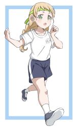 Rule 34 | 1girl, absurdres, arms up, blonde hair, blush, crust gm0, dot nose, green eyes, gym uniform, highres, inose mai, koisuru asteroid, looking at viewer, name tag, open mouth, ponytail, running, shoes, shorts, socks, solo, sweatdrop