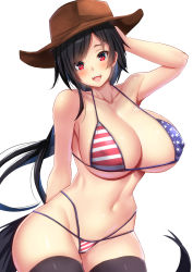 Rule 34 | 1girl, american flag bikini, american flag print, arm up, bare arms, bare shoulders, bikini, black hair, black thighhighs, breasts, brown hat, cleavage, collarbone, covered erect nipples, cowboy hat, cowboy shot, ebi 193, flag print, hat, head tilt, horse tail, huge breasts, kurokoma saki, looking at viewer, multi-strapped bikini, navel, no wings, open mouth, print bikini, print swimsuit, red eyes, simple background, smile, solo, stomach, swimsuit, tail, thighhighs, touhou, white background