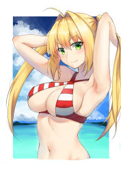 Rule 34 | &gt;:), 1girl, ahoge, armpits, arms behind head, arms up, bikini, blonde hair, blue sky, breasts, cleavage, closed mouth, cloud, criss-cross halter, cropped torso, day, fate/grand order, fate (series), green eyes, hair intakes, halterneck, highres, large breasts, long hair, m kong, navel, nero claudius (fate), nero claudius (fate) (all), nero claudius (swimsuit caster) (fate), ocean, outdoors, outside border, red bikini, sky, smile, solo, stomach, striped bikini, striped bikini top, striped clothes, swimsuit, twintails, upper body, v-shaped eyebrows, water