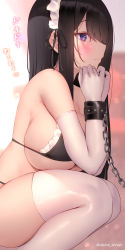 Rule 34 | 1girl, akira shiun, bikini, black hair, blurry, blush, breasts, chain, chained, closed mouth, commentary request, elbow gloves, from side, gloves, highres, large breasts, long hair, maid, maid bikini, maid headdress, original, purple eyes, sideboob, sidelocks, solo, squatting, swimsuit, thighhighs, thighs, twitter username, unconventional maid, white thighhighs