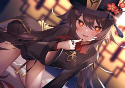 Rule 34 | 1girl, blurry, blurry background, blush, breasts, brown hair, flower in eye, flower in hat, genshin impact, hair between eyes, hat, highres, hu tao (genshin impact), long hair, long sleeves, looking at viewer, non-web source, open mouth, red eyes, small breasts, smile, socks, symbol in eye, thighs, white socks