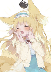 Rule 34 | 1girl, animal ear fluff, animal ears, arknights, blonde hair, blue hairband, blue skirt, blush, cardigan, closed eyes, commentary, cross-laced clothes, cross-laced skirt, crossover, fox ears, fox girl, fox tail, frilled hairband, frills, hairband, hands on own face, hands up, heixiu, kitsune, kyuubi, long hair, long sleeves, luo xiaohei zhanji, multiple tails, neck ribbon, official alternate costume, open cardigan, open clothes, open mouth, puffy long sleeves, puffy sleeves, red ribbon, ribbon, shirt, simple background, skirt, suzuran (arknights), suzuran (spring praise) (arknights), tail, teeth, unitedunti, upper body, upper teeth only, white background, white shirt, yellow cardigan