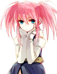 Rule 34 | 00s, 1girl, bad id, bad pixiv id, belt, blue eyes, head rest, expressionless, gloves, himishiro, long hair, pink hair, presea combatir, sidelocks, sitting, solo, staring, tales of (series), tales of symphonia, twintails