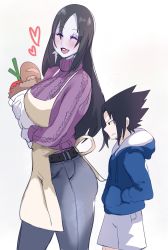 Rule 34 | 1boy, 1girl, ^ ^, age difference, apron, bag, belt, black eyes, black hair, blue coat, blush, bread, breasts, child, clenched teeth, closed eyes, coat, commentary, cropped legs, curvy, earrings, english commentary, facial mark, food, genderswap, genderswap (mtf), grocery bag, hands in pockets, happy, heart, highres, holding, holding bag, jewelry, large breasts, lightsource, lipstick, long hair, makeup, mature female, naruto, naruto (series), onee-shota, open mouth, orochimaru (naruto), pale skin, pants, paper bag, purple sweater, shirt, shopping bag, shorts, simple background, size difference, smile, sweater, teeth, uchiha sasuke, walking, white background