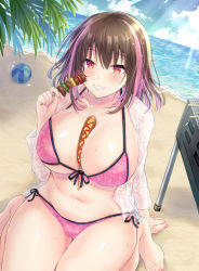 Rule 34 | 1girl, bad anatomy, ball, barefoot, beach, beachball, between breasts, bikini, blue sky, blush, breasts, brown hair, cleavage, cloud, cloudy sky, collarbone, commentary request, cooking, day, food, food between breasts, front-tie bikini top, front-tie top, grill, grilling, grin, halterneck, holding, holding food, horizon, hot dog, huge breasts, large breasts, long hair, looking at viewer, multicolored hair, nagare yoshimi, nail polish, navel, ocean, original, palm tree, pink bikini, pink hair, pink nails, red eyes, sand, see-through, side-tie bikini bottom, sitting, sky, smile, solo, swimsuit, thigh gap, thighs, tree, two-tone hair, water, wet