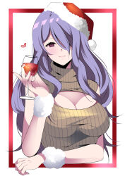 Rule 34 | 1girl, arm warmers, breasts, brown sweater, camilla (fire emblem), cleavage, cleavage cutout, clothing cutout, cup, drink, drinking glass, fe135700, fire emblem, fire emblem fates, hair over one eye, hat, heart, highres, holding, holding cup, large breasts, long hair, looking at viewer, nintendo, purple eyes, purple hair, red hat, santa hat, sleeveless, sleeveless turtleneck, smile, solo, sweater, turtleneck, turtleneck sweater, upper body