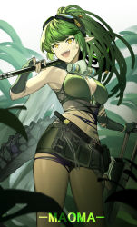 Rule 34 | 1girl, 9 vcat, :d, arknights, bare shoulders, black gloves, breasts, commentary request, cowboy shot, crop top, gavial (arknights), gavial the invincible (arknights), gloves, green hair, highres, long hair, mask, mask around neck, medium breasts, midriff, navel, open mouth, ponytail, smile, solo, standing, stomach, thighs, yellow eyes