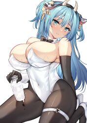 Rule 34 | 1girl, animal ears, black bow, black bowtie, black gloves, black pantyhose, blue eyes, blue hair, bottle, bow, bowtie, breasts, closed mouth, commentary request, covered navel, cow ears, cow girl, cow horns, detached collar, elbow gloves, gloves, hair between eyes, high heels, highres, horns, large breasts, leotard, long hair, milk bottle, original, pantyhose, sanshoku amido, simple background, smile, solo, thigh strap, white background, white footwear, white leotard