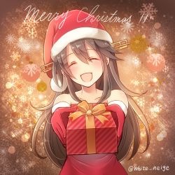 Rule 34 | 10s, 1girl, :d, ^ ^, bare shoulders, black hair, blush, christmas, collarbone, detached sleeves, closed eyes, gift, haruna (kancolle), headgear, kantai collection, long hair, open mouth, outstretched arms, santa costume, serino itsuki, smile, solo, twitter username, upper body