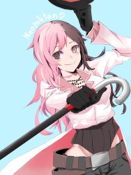 Rule 34 | 1girl, artist request, bead necklace, beads, belt, blue background, bowler hat, brown eyes, brown hair, cane, commentary request, english text, hat, heterochromia, highres, jewelry, multicolored hair, necklace, neo politan, pink eyes, pink hair, rwby, solo, split-color hair