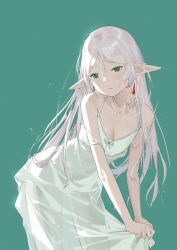 Rule 34 | 1girl, aqua background, bare arms, bare shoulders, breasts, cic tatsumi, cleavage, closed mouth, collarbone, dress, dress tug, earrings, elf, frieren, green eyes, highres, jewelry, leaning forward, long hair, parted bangs, pointy ears, see-through, see-through dress, simple background, small breasts, solo, sousou no frieren, spaghetti strap, standing, thighs, wet, wet clothes, wet dress, white dress, white hair