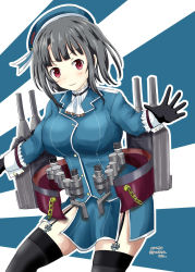 Rule 34 | 1girl, ascot, beret, black gloves, black hair, black thighhighs, blue background, blue jacket, blue skirt, blush, breasts, cannon, commentary request, dated, garter straps, gloves, hat, highres, jacket, kantai collection, large breasts, machinery, military, military uniform, miniskirt, red eyes, rigging, school uniform, senon, serafuku, short hair, skirt, solo, sunrise, takao (kancolle), thighhighs, turret, twitter username, uniform, white background