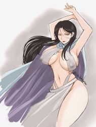 Rule 34 | 1girl, arslan senki, artist request, black hair, breasts, breasts apart, cape, covered erect nipples, curvy, earrings, falangies, female focus, gradient background, grey background, grey eyes, jewelry, large breasts, lipstick, long hair, makeup, navel, necklace, nipples, solo, thick thighs, thighs, wide hips