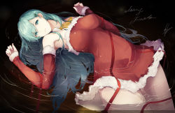 Rule 34 | 10s, 1girl, alternate costume, artist name, bare shoulders, breasts, christmas, christmas tree hair ornament, detached collar, detached sleeves, dress, floating, fur-trimmed sleeves, fur trim, green hair, hair ornament, hands up, highres, kantai collection, large breasts, long hair, looking at viewer, lying, marumoru, merry christmas, on back, partially submerged, red dress, red ribbon, ribbon, santa costume, signature, solo, suzuya (kancolle), thighs, water surface