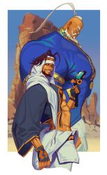 Rule 34 | 2boys, a tai, abs, absurdres, action camera, arabian clothes, arm up, azam (street fighter), beard, black jacket, blue shirt, blue sky, border, brown eyes, brown hair, camera, cropped legs, dark-skinned male, dark skin, desert, facial hair, fingerless gloves, gloves, goatee, gold trim, hair intakes, highres, holding, holding camera, jacket, looking at viewer, male focus, mesa, monocle, multiple boys, mustache, open clothes, outside border, pants, pectorals, ponytail, profile, rashid (street fighter), shirt, sky, smile, street fighter, street fighter 6, teeth, thick eyebrows, turban, video camera, white border, white hair, white pants, white turban