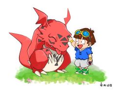 Rule 34 | artist request, brown hair, claws, cosplay, digimon, digimon (creature), digimon tamers, digivice, dragon, dragon ball, dragonball z, goggles, goggles on head, grass, guilmon, happy, looking at another, matsuda takato, open mouth, parody, sharp teeth, smile, son gohan, standing, tail, teeth