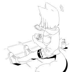 Rule 34 | 1girl, animal ear fluff, animal ears, bare shoulders, bendy straw, bike shorts, cellphone, clothing cutout, commentary request, cup, disposable cup, drinking straw, food, fox ears, fox girl, fox tail, from behind, full body, greyscale, burger, highres, holding, holding food, holding phone, hood, hood down, kuro-chan (kuro kosyou), kuro kosyou, monochrome, notice lines, original, phone, pleated skirt, shoes, short hair, short shorts, short sleeves, shorts, shorts under skirt, shoulder cutout, sitting, sketch, skirt, solo, tail, white background