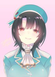 Rule 34 | 1girl, ascot, beret, black hair, blue hat, blue jacket, blush, breasts, closed mouth, commentary request, dated, hat, highres, jacket, kantai collection, large breasts, looking at viewer, pink background, red eyes, shirt, signature, simple background, smile, solo, takao (kancolle), tsukimochikuriko (tsukimochi k), upper body, white ascot, white shirt