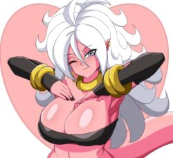 Rule 34 | 1girl, android 21, armpits, arms up, bandeau, bracelet, breasts, cleavage, colored skin, darwaarts, detached sleeves, dragon ball, dragon ball fighterz, ear piercing, earrings, female focus, grey eyes, heart, highres, jewelry, large breasts, long hair, looking at viewer, majin android 21, nail polish, one eye closed, piercing, pink skin, pointy ears, solo, strapless, tail, upper body, white hair, wink