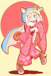 Rule 34 | 1girl, 1segani, animal ear fluff, animal ears, blue cape, blue eyes, blush stickers, boots, cape, full body, hearthstone, highres, hood, hooded cape, jaina proudmoore, japanese clothes, kimono, multicolored hair, one eye closed, paw pose, pink kimono, red sun, shadow, smile, solo, tail, two-tone hair, warcraft, white hair, wide sleeves
