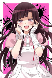 Rule 34 | 1girl, :d, apron, bandaged arm, bandages, blush, commentary request, cowboy shot, danganronpa (series), danganronpa 2: goodbye despair, enkichi totan, hands on own cheeks, hands on own face, hands up, highres, long hair, looking at viewer, mole, mole under eye, nurse, open mouth, pink background, pink shirt, puffy short sleeves, puffy sleeves, purple eyes, purple hair, shirt, short sleeves, skirt, smile, solo, teeth, tsumiki mikan, upper teeth only, white background, yandere trance
