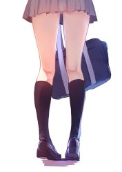 Rule 34 | 1girl, bag, black footwear, black socks, brown skirt, caidychen, close-up, from behind, holding, holding bag, kneehighs, kneepits, loafers, lower body, original, pleated skirt, school bag, school uniform, shoes, simple background, skirt, socks, solo, standing, thighs, white background