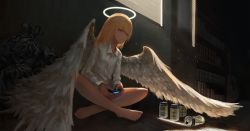 Rule 34 | 1girl, angel, angel wings, bare legs, barefoot, blonde hair, blouse, can, controller, dark, feathered wings, full body, game controller, guitar, halo, indian style, indoors, instrument, kagumanikusu, light particles, long hair, original, shirt, sitting, solo, trash bag, white shirt, window, window blinds, wings
