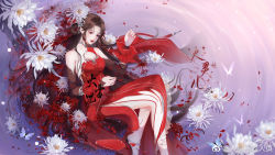 Rule 34 | 1girl, brown hair, bug, butterfly, cleavage cutout, clothing cutout, dress, flower, hair rings, highres, huo linger (wanmei shijie), huo linger tongren she, insect, long hair, red dress, ripples, sitting, solo, spider lily, upper body, wanmei shijie, water